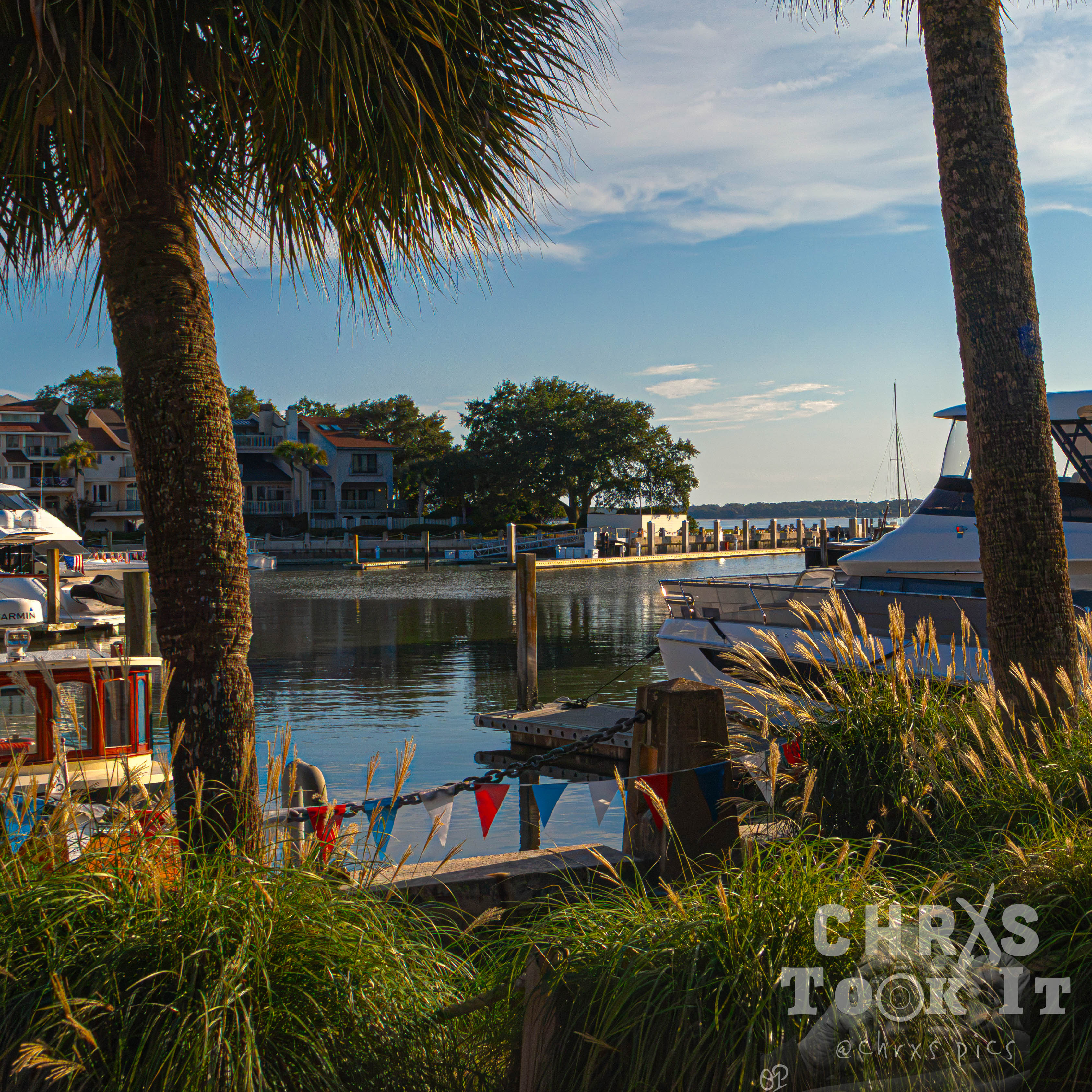 Palm trees and boats docked at Harbour Town harbor at dusk, colorful buildings lining the waterfront.